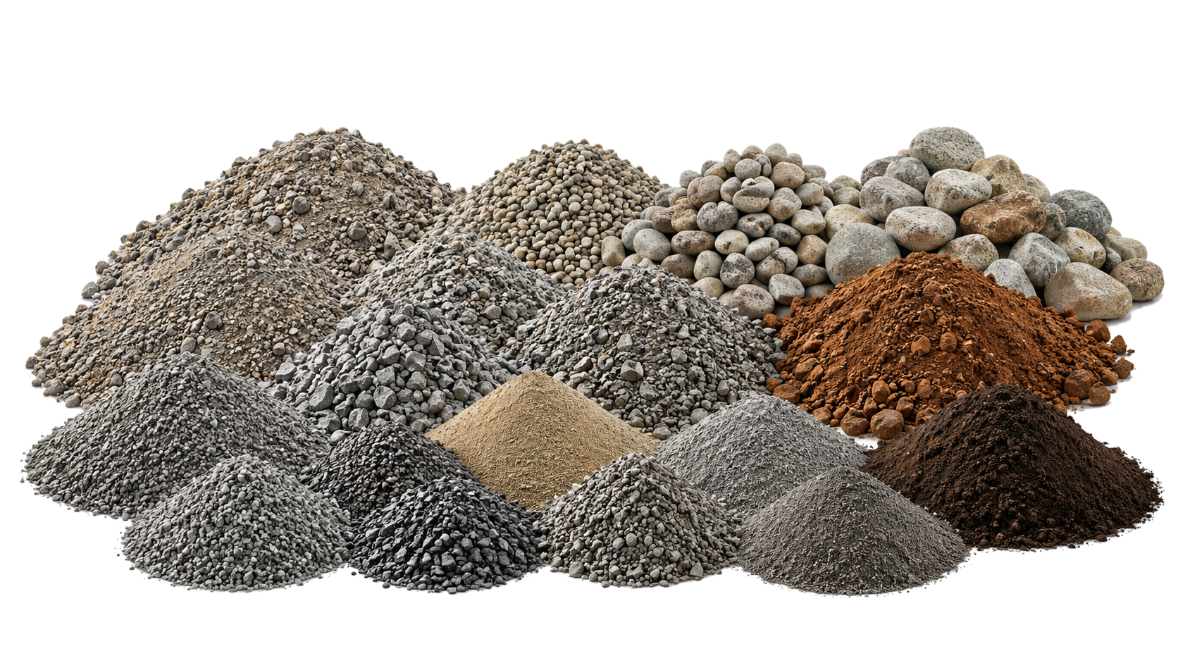 photo showing all aggregate that we provide, including river rock, gravel, screened, pit run etc